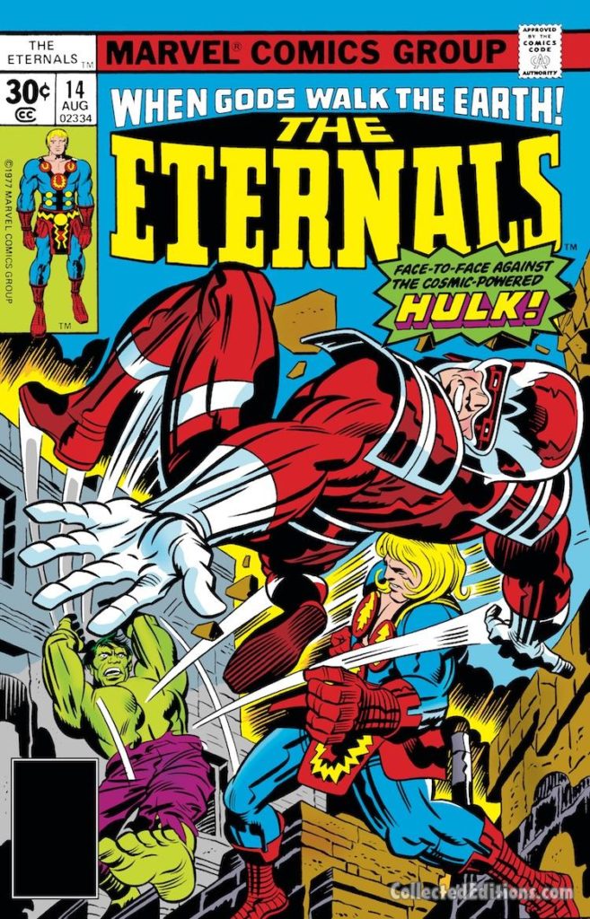 Eternals #14 cover; pencils, Jack Kirby; inks, Mike Royer, The Hulk vs. Ikaris