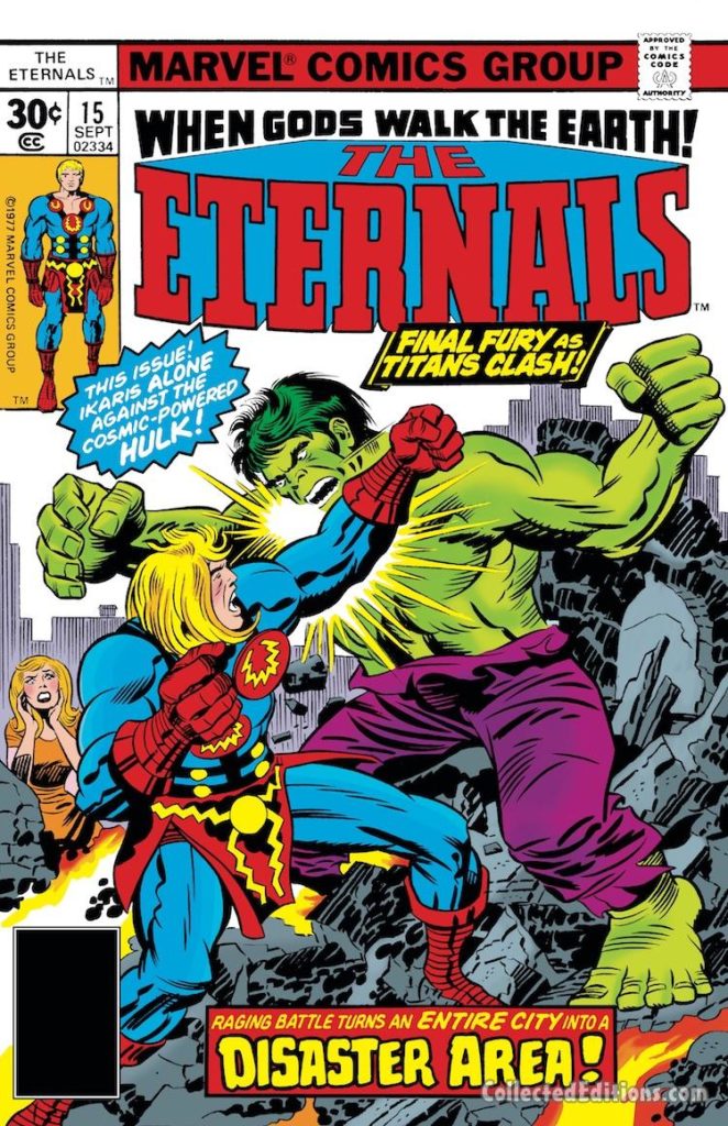 Eternals #15 cover; pencils, Jack Kirby; the Hulk vs. Ikaris
