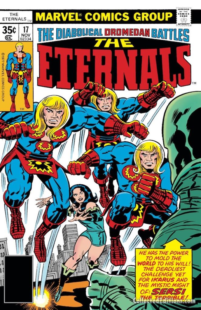 Eternals #17 cover; pencils, Jack Kirby; Sersi, Ikaris