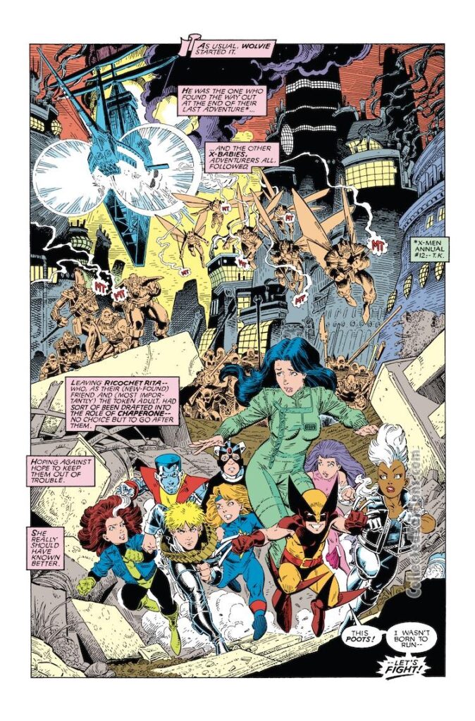 Excalibur: Mojo Mayhem OGN, pg. 1; pencils, Arthur Adams; inks, Terry Austin, Bob Wiacek; Ricochet Rita, Wolverine, X-Babies, Rogue, Storm, Psylocke