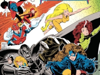 Excalibur: Mojo Mayhem OGN cover; pencils, Arthur Adams; inks, Terry Austin; Rachel Grey, Phoenix, Captain Britain, Meggan, X-Babies, Kitty Pryde, Major Doom