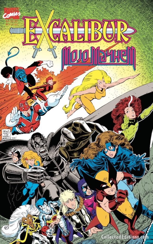 Excalibur: Mojo Mayhem OGN cover; pencils, Arthur Adams; inks, Terry Austin; Rachel Grey, Phoenix, Captain Britain, Meggan, X-Babies, Kitty Pryde, Major Doom