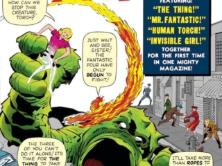 Fantastic Four #1 cover; pencils, Jack Kirby; inks, George Klein; Marvel August 1961 Omnibus