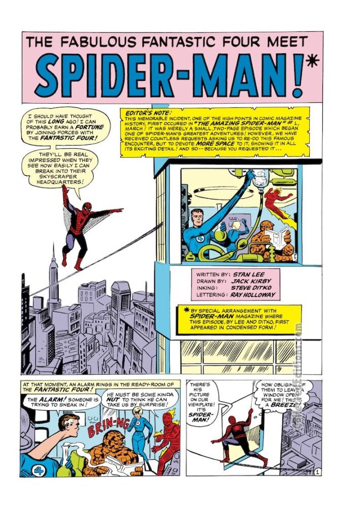 Fantastic Four Annual #1. “The Fabulous Fantastic Four Meet Spider-Man”, pg. 1; pencils, Jack Kirby; inks, Steve Ditko