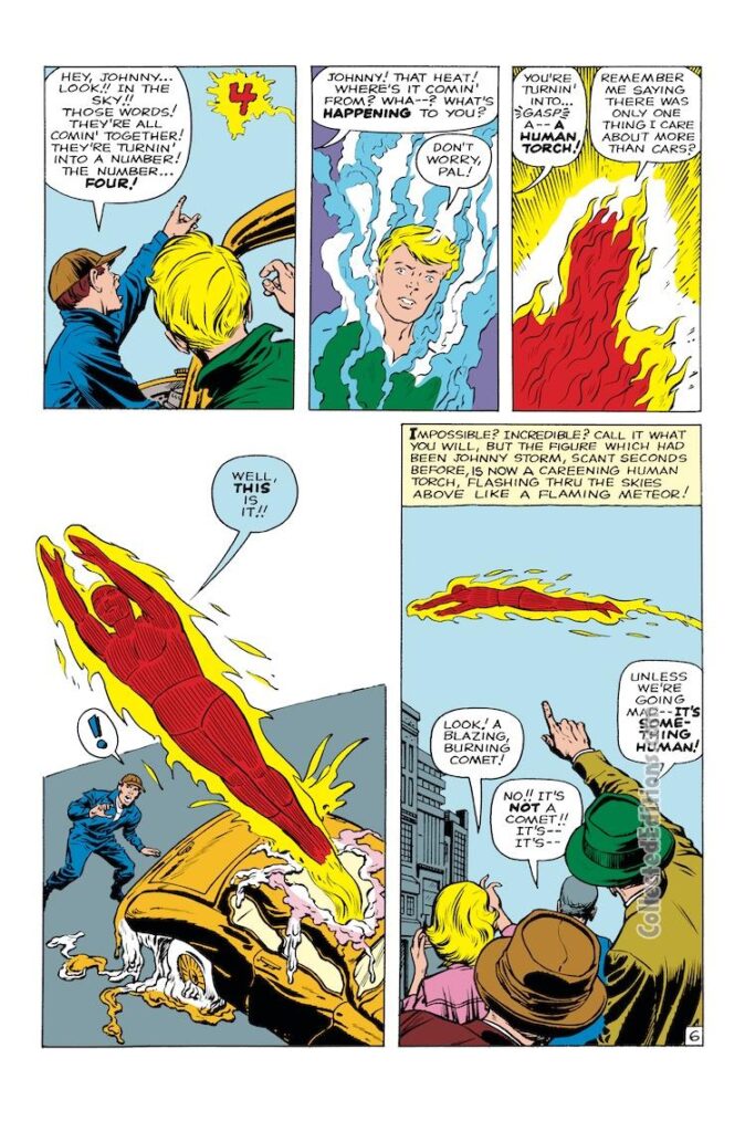 Fantastic Four Annual #1. “Origin of the Fantastic Four”, pg. 3; pencils, Jack Kirby; inks, George Klein; Human Torch, Flame On