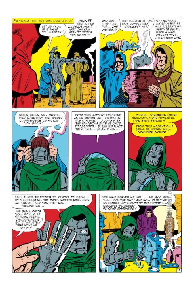 Fantastic Four Annual #2, pg. 11; pencils, Jack Kirby; inks, Chic Stone; Marvel Omnibus, Doctor Doom, mask, origin