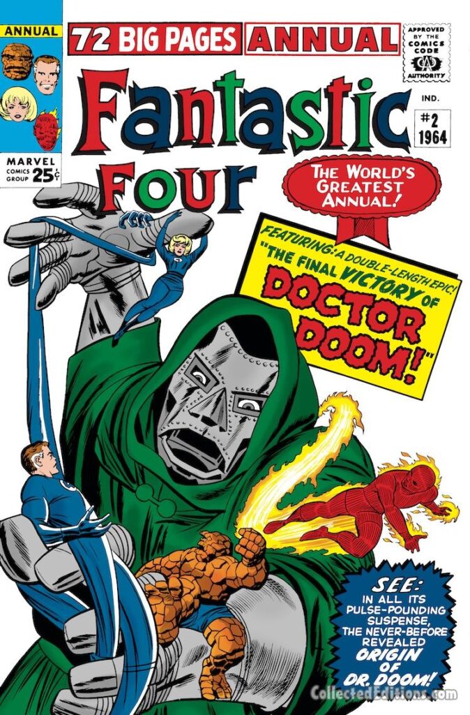 Fantastic Four Annual #2 cover; pencils, Jack Kirby; inks, Sol Brodsky, The Final Victory of Doctor Doom, The Origin of Dr. Doom