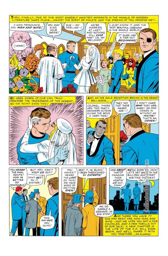 Fantastic Four Annual #3, pg. 23; pencils, Jack Kirby; inks, Vince Colletta; Marvel Omnibus, wedding of Reed Richards and Sue Storm; Nick Fury, Gabe Jones, marriage, Jack Kirby, Stan Lee, cameo