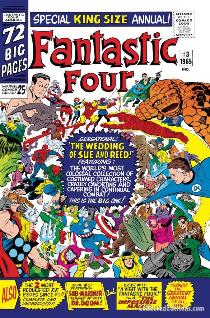 Fantastic Four Annual #3 cover; pencils, Jack Kirby; inks, Mike Esposito; Wedding of Sue and Reed, Richards, Storm, Avengers, X-Men, Thing, Iron Man
