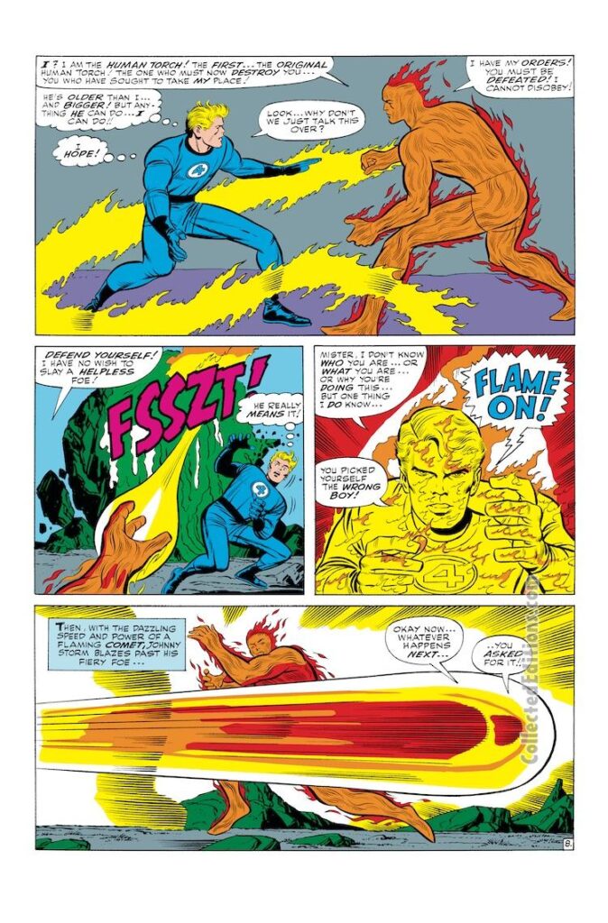 Fantastic Four Annual #4, pg. 8; pencils, Jack Kirby; inks, Joe Sinnott; Marvel Omnibus, Original Human Torch, Jim Hammond, Golden Age, Johnny Storm