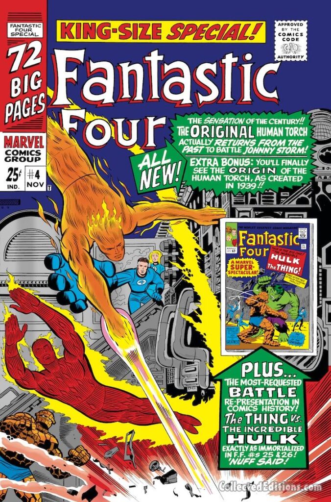 Fantastic Four Annual #4 cover; pencils, Jack Kirby; inks, Joe Sinnott; The Original Human Torch Returns from the Past to Battle Johnny Storm, Jim Hammond, Golden Age