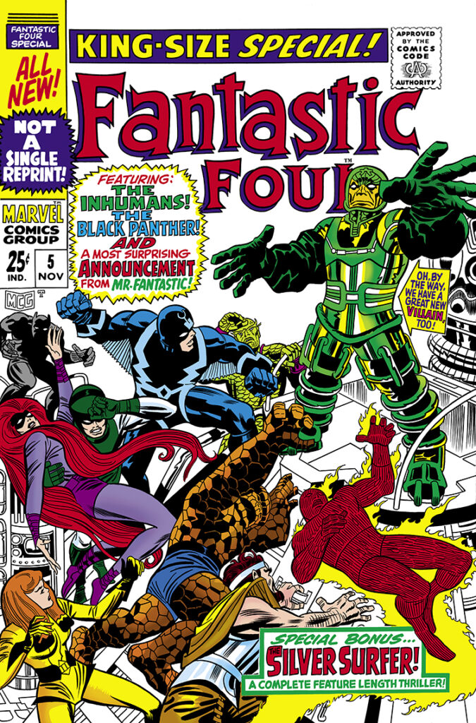 Fantastic Four Annual #5 cover; pencils, Jack Kirby; inks, Frank Giacoia; King-size special, not a single reprint, special bonus, Silver Surfer, a complete feature length thriller, Psychoman, Inhumans, Gorgon, Black Bolt, Medusa, Triton, Black Panther, Karnak, Crystal, Thing, Human Torch