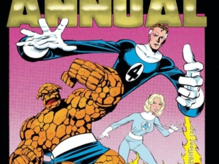 Fantastic Four Annual #17 cover; pencils and inks, John Byrne; Thing, Mister Fantastic, Invisible Woman, Human Torch, Skrull cows