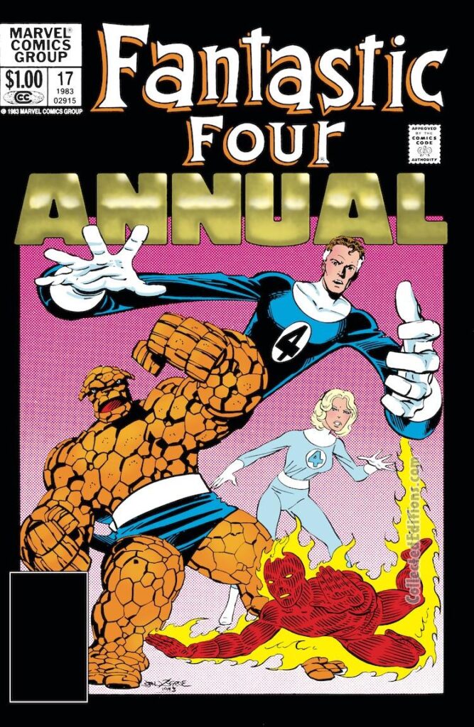 Fantastic Four Annual #17 cover; pencils and inks, John Byrne; Thing, Mister Fantastic, Invisible Woman, Human Torch, Skrull cows