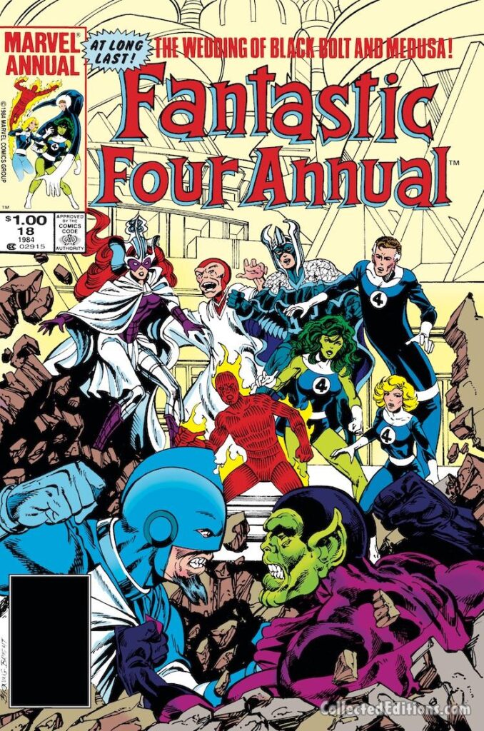 Fantastic Four Annual #18, pg. 27; pencils, Mark Bright; inks, Mike Gustovich; Karnak, She-Hulk, Inhumans, Kree vs, Skrull, Wedding of Black Bolt and Medusa