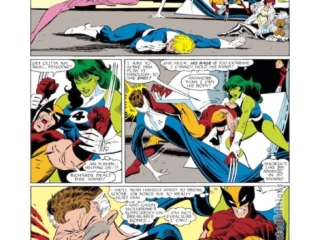 Fantastic Four vs. the X-Men 2, pg. 5; pencils, Jon Bogdanove; inks, Terry Austin; Psylocke, Human Torch, She-Hulk, Wolverine, Mister Fantastic
