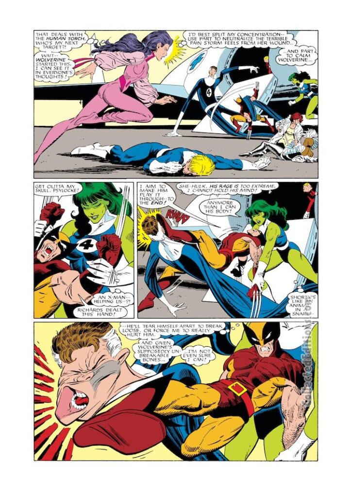 Fantastic Four vs. the X-Men 2, pg. 5; pencils, Jon Bogdanove; inks, Terry Austin; Psylocke, Human Torch, She-Hulk, Wolverine, Mister Fantastic