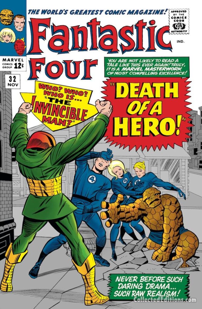 Fantastic Four #32 cover; pencils, Jack Kirby; inks, Chic Stone; Super-Skrull, Invincible Man, Marvel Masterwork