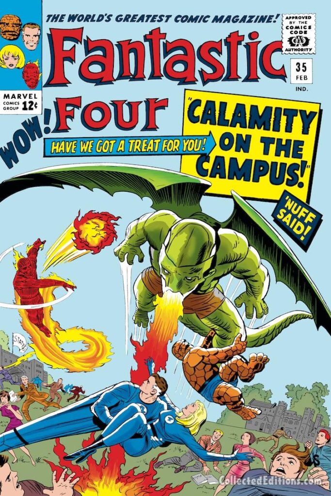 Fantastic Four #35 cover; pencils, Jack Kirby; inks, Dick Ayers; Calamity on the Campus, Dragon Man, first appearance