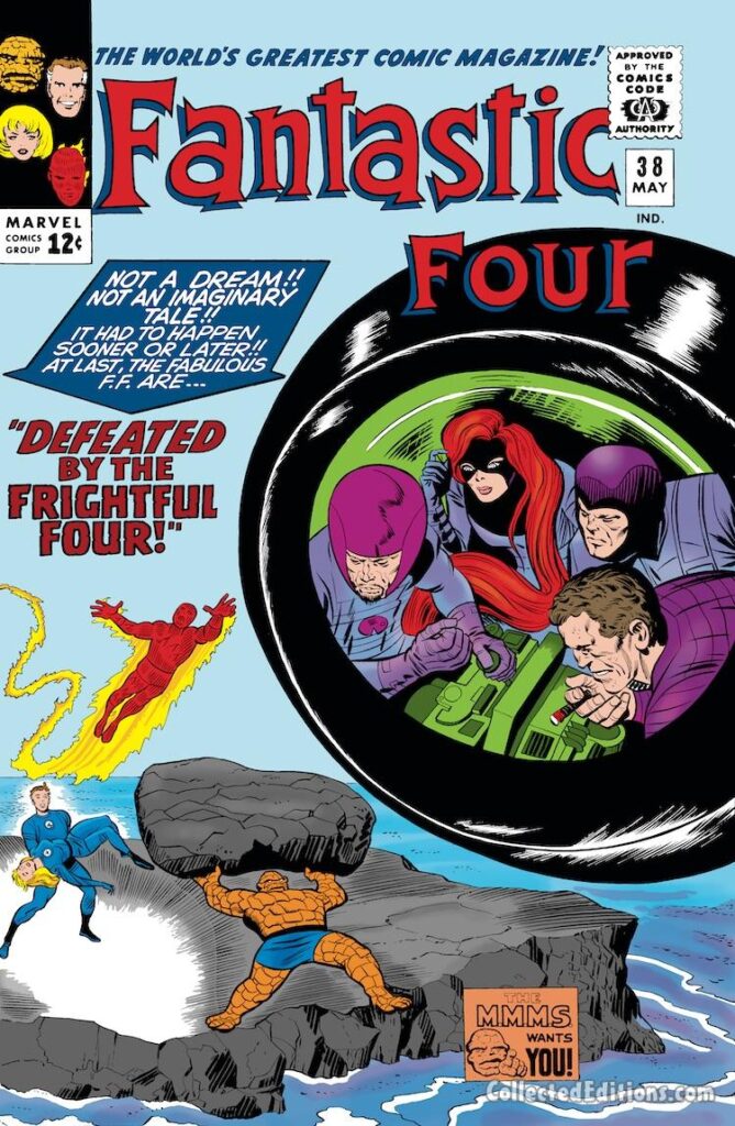 Fantastic Four #38 cover; pencils, Jack Kirby; inks, Chic Stone; Defeated by the Frightful Four, Sandman, Trapster, Medusa, Wizard