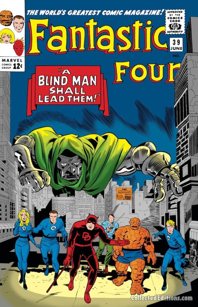 Fantastic Four #39 cover; pencils, Jack Kirby; inks, Chic Stone; A Blind Man Shall Lead Them, Doctor Doom, Daredevil, Baxter Building