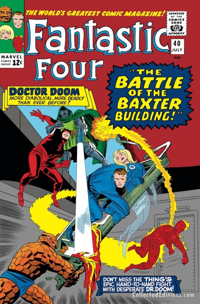 Fantastic Four #40 cover; pencils, Jack Kirby; inks, Frank Giacoia; The Battle of the Baxter Building, Doctor Doom, Daredevil, Thing
