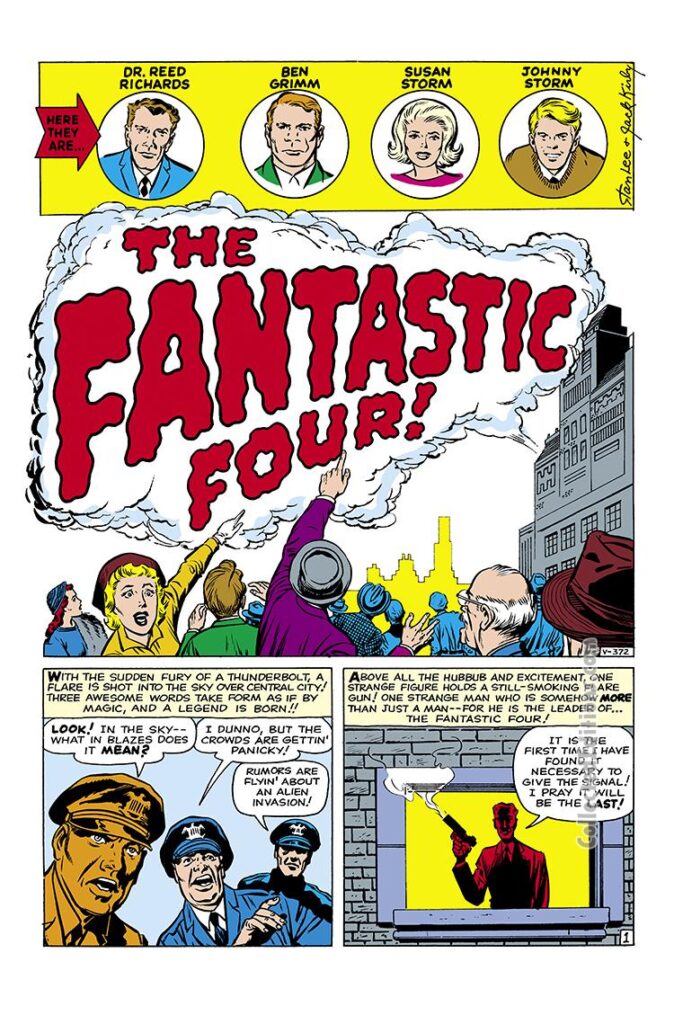 Fantastic Four #1, pg. 1; pencils, Jack Kirby; inks, George Klein; The fantastic Four, Marvel 1961 August Omnibus