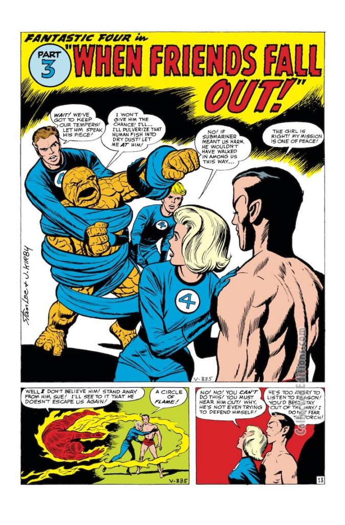 Fantastic Four #6, pg. 13; pencils, Jack Kirby; inks, Dick Ayers; When Friends Fall Out, Stan Lee, Namor, Sub-Mariner, Human Torch, Thing, Mister Fantastic, Susan Storm