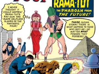 Fantastic Four #19 cover; pencils, Jack Kirby; inks, Paul Reinman; At the Mercy of Rama-Tut, the Pharaoh from the Future, Kang the Conqueror, first appearance, Egypt, pyramids, Sue Storm