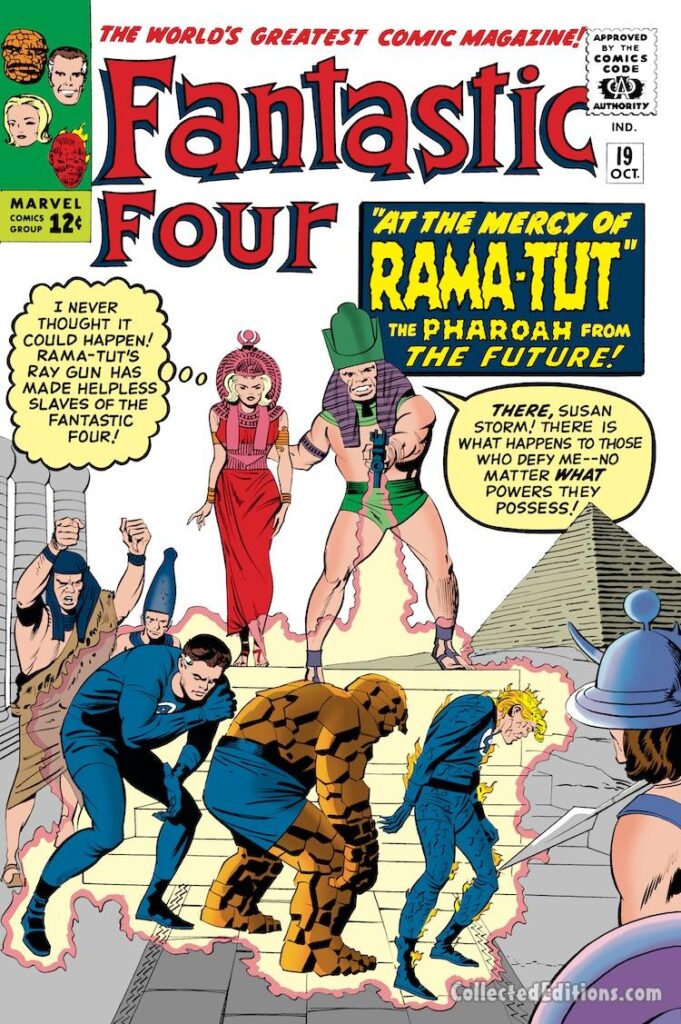 Fantastic Four #19 cover; pencils, Jack Kirby; inks, Paul Reinman; At the Mercy of Rama-Tut, the Pharaoh from the Future, Kang the Conqueror, first appearance, Egypt, pyramids, Sue Storm