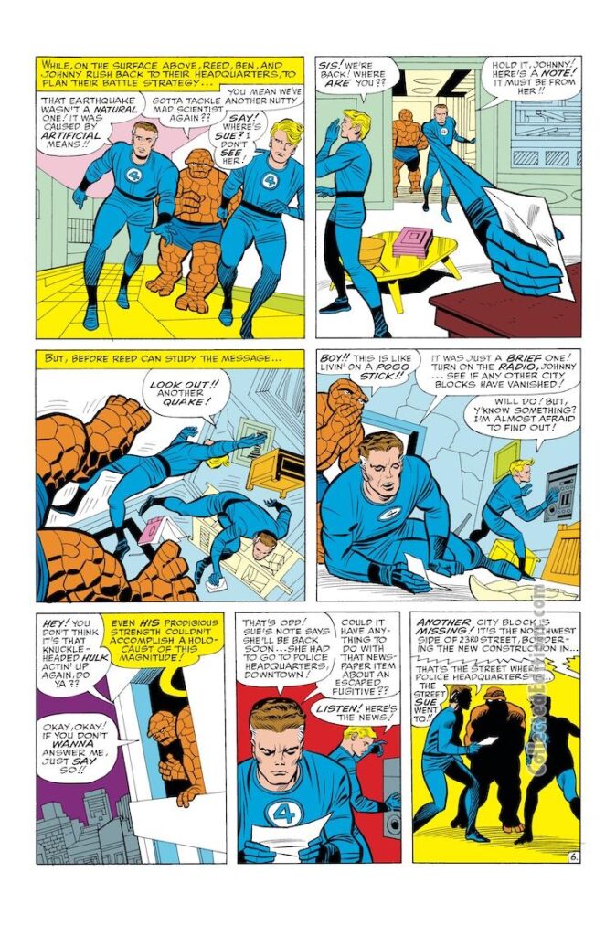 Fantastic Four #31, pg. 6; pencils, Jack Kirby; inks, Chic Stone; Marvel Omnibus, Mister Fantastic, Sue Storm