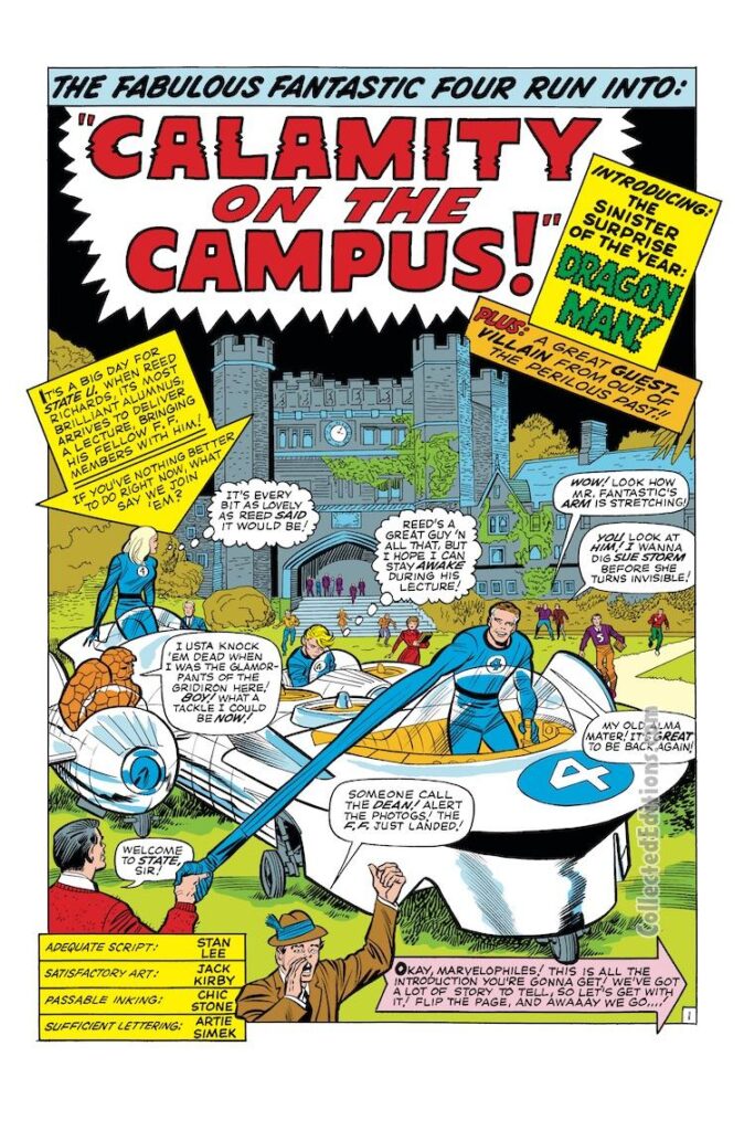 Fantastic Four #35, pg. 1; pencils, Jack Kirby; inks, Chic Stone; Marvel Omnibus, Calamity on the Campus, Dragon Man, splash page, Stan Lee, Fantastic-Car