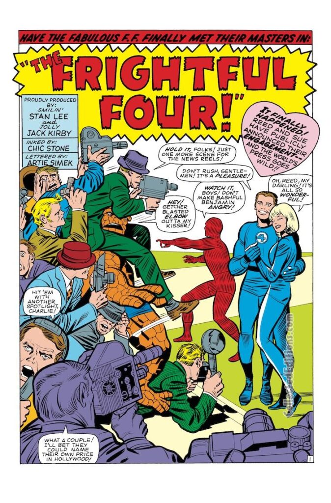 Fantastic Four #36, pg. 1; pencils, Jack Kirby; inks, Chic Stone; Marvel Omnibus, The Frightful Four, Reed and Sue, engaged to be married, Human Torch, paparazzi