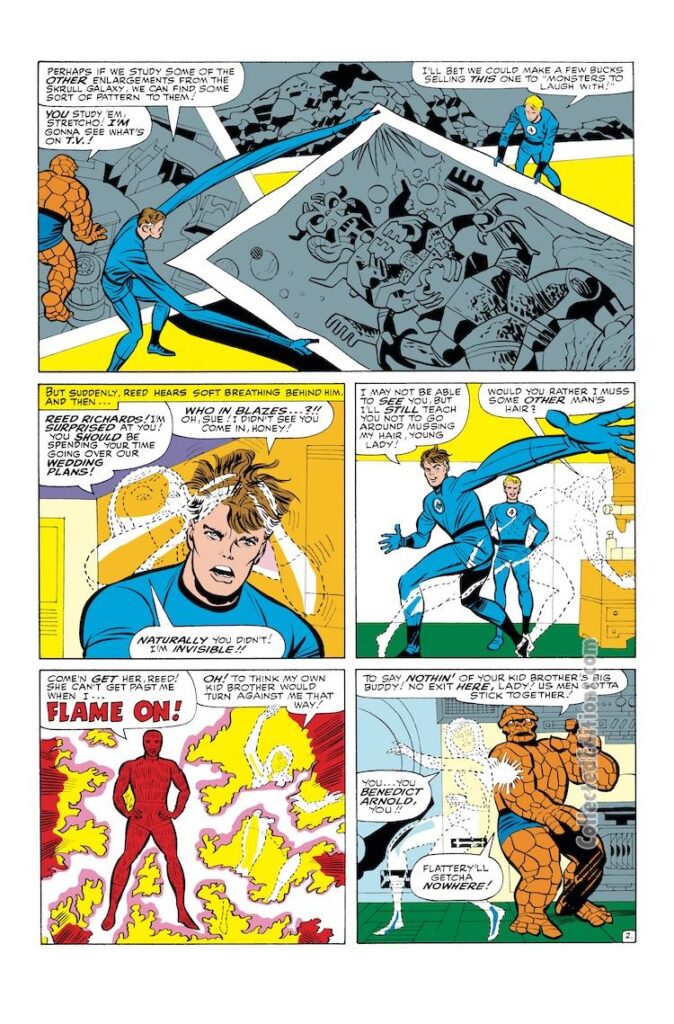 Fantastic Four #38, pg. 2; pencils, Jack Kirby; inks, Chic Stone; Marvel Omnibus, Invisible Girl Woman, Sue Storm, Flame On