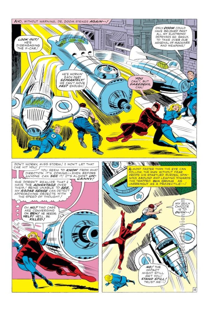 Fantastic Four #39, pg. 14; pencils, Jack Kirby; inks, Frank Giacoia; Marvel Omnibus, Fantasti-car, Daredevil, Baxter Building, Doctor Doom
