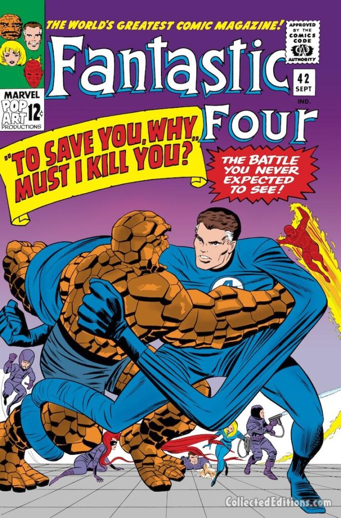 Fantastic Four #42 cover; pencils, Jack Kirby; inks, Sol Brodsky; Mister Fantastic, Thing/Ben Grimm, Cure, To Save You Why Must I Kill You?