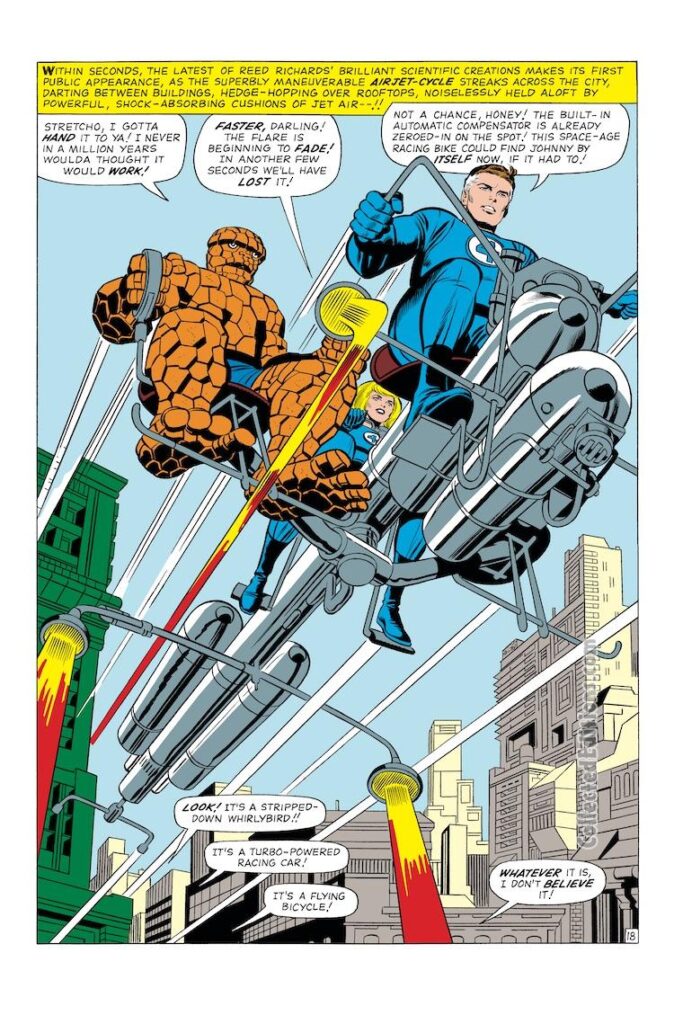 Fantastic Four #45, pg. 18; pencils, Jack Kirby; inks, Joe Sinnott; Marvel Omnibus, Airjet-Cycle, Ben Grimm, Thing, Mister Fantastic, splash page