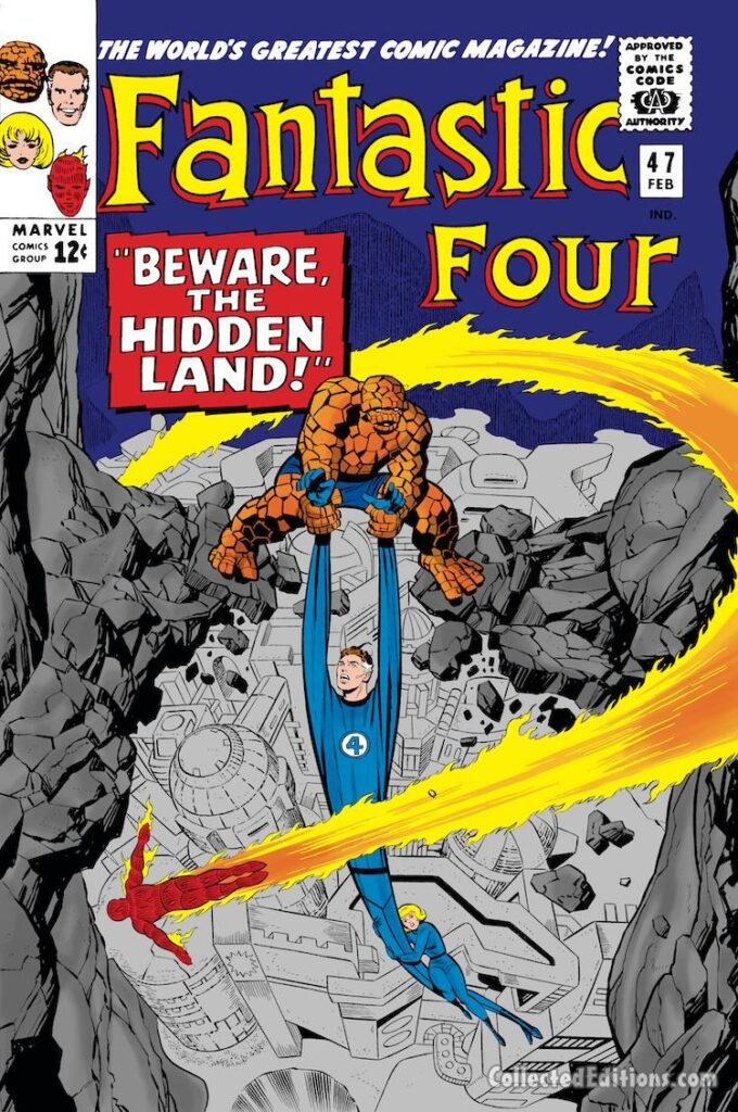 Fantastic Four #47 cover; pencils, Jack Kirby; inks, Joe Sinnott; Beware the Hidden Land, Attilan, Inhumans