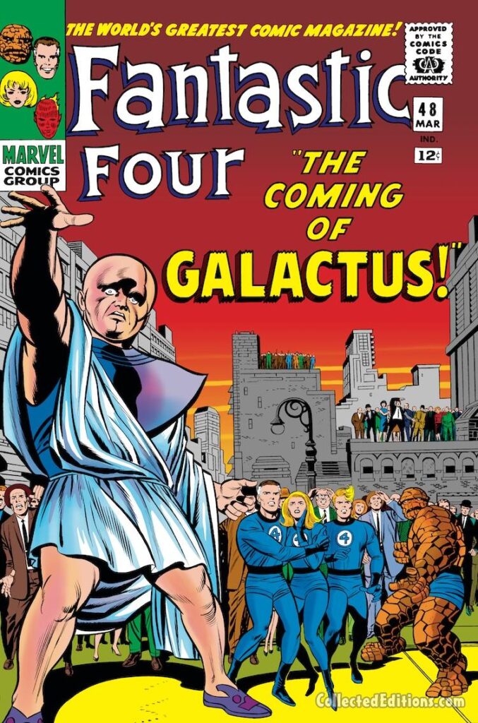 Fantastic Four #48 cover; pencils, Jack Kirby; inks, Joe Sinnott; The Coming of Galactus, first appearance, Uatu the Watcher, Silver Surfer
