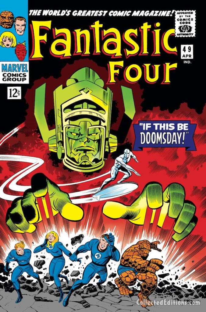 Fantastic Four #49 cover; pencils, Jack Kirby; inks, Joe Sinnott; If This Be Doomsday, Silver Surfer, Galactus