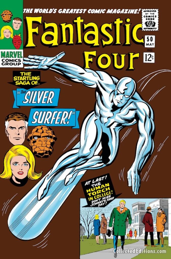 Fantastic Four #50 cover; pencils, Jack Kirby; inks, Joe Sinnott; The Startling Saga of the Silver Surfer, Human Torch goes to College
