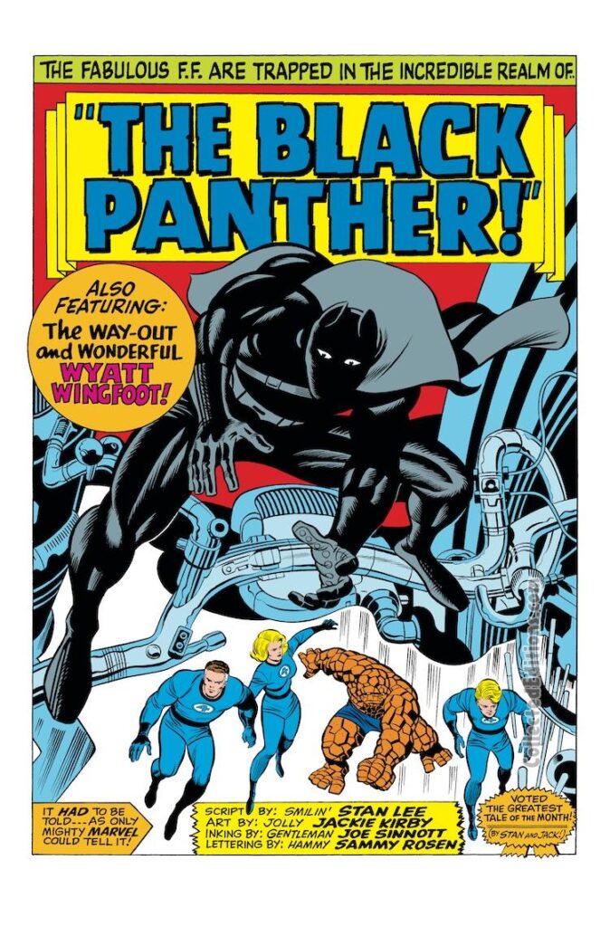 Fantastic Four #52, pg. 1; pencils, Jack Kirby; inks, Joe Sinnott; Marvel Omnibus, first appearance of The Black Panther, T’Challa, Wakanda, Wyatt Wingfoot, splash page, Stan Lee
