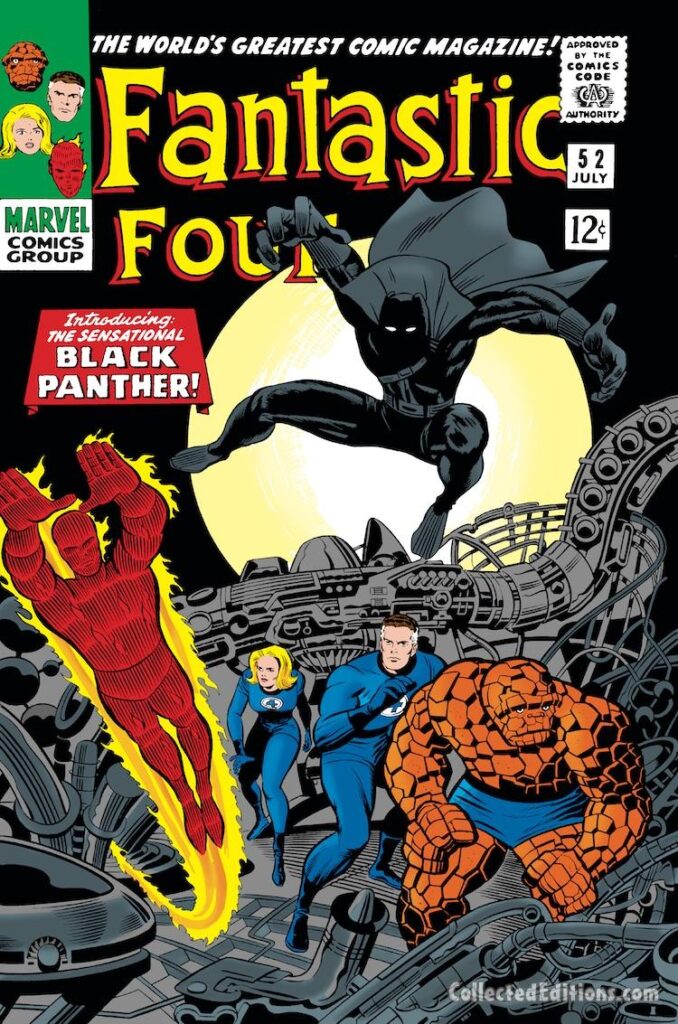 Fantastic Four #52 cover; pencils, Jack Kirby; inks, Joe Sinnott; Introducing the Sensational Black Panther, Human Torch, Thing, Wakanda, first appearance