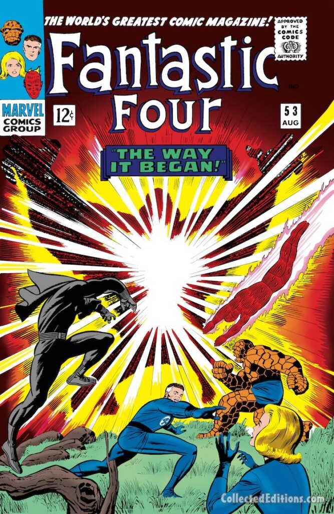 Fantastic Four #53 cover; pencils, Jack Kirby; inks, Joe Sinnott; The Way it Began, Wakanda, T'Challa, Black Panther