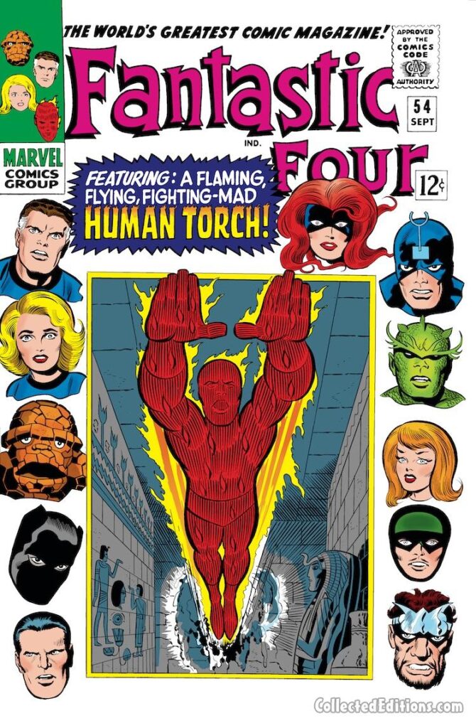 Fantastic Four #54 cover; pencils, Jack Kirby; inks, Joe Sinnott; Inhumans, Human Torch