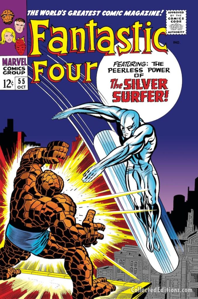 Fantastic Four #55 cover; pencils, Jack Kirby; inks, Joe Sinnott; Thing, The Peerless Power of the Silver Surfer