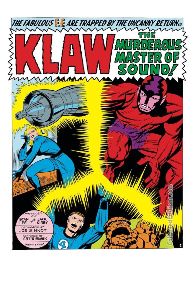 Fantastic Four #56, pg. 1; pencils, Jack Kirby; inks, Joe Sinnott; Marvel Omnibus, Klaw the Murderous Master of Sound, Stan Lee, splash page