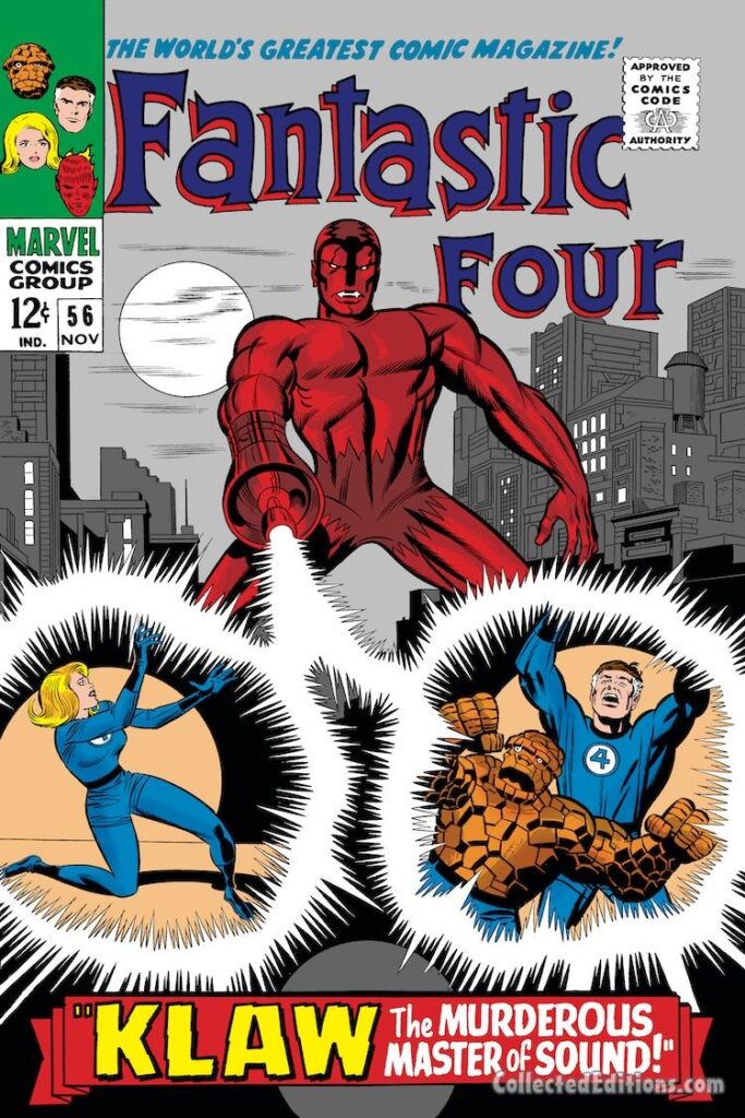 Fantastic Four #56 cover; pencils, Jack Kirby; inks, Joe Sinnott; Klaw the Murderous Master of Sound