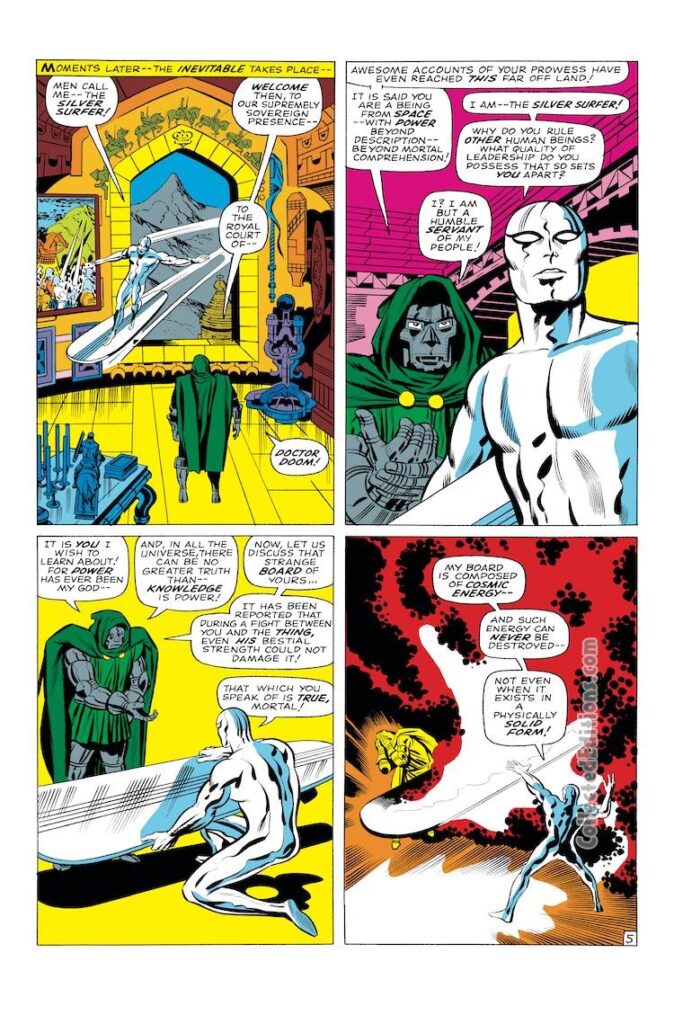Fantastic Four #57, pg. 5; pencils, Jack Kirby; inks, Joe Sinnott; Marvel Omnibus, Doctor Doom, Silver Surfer, surfboard