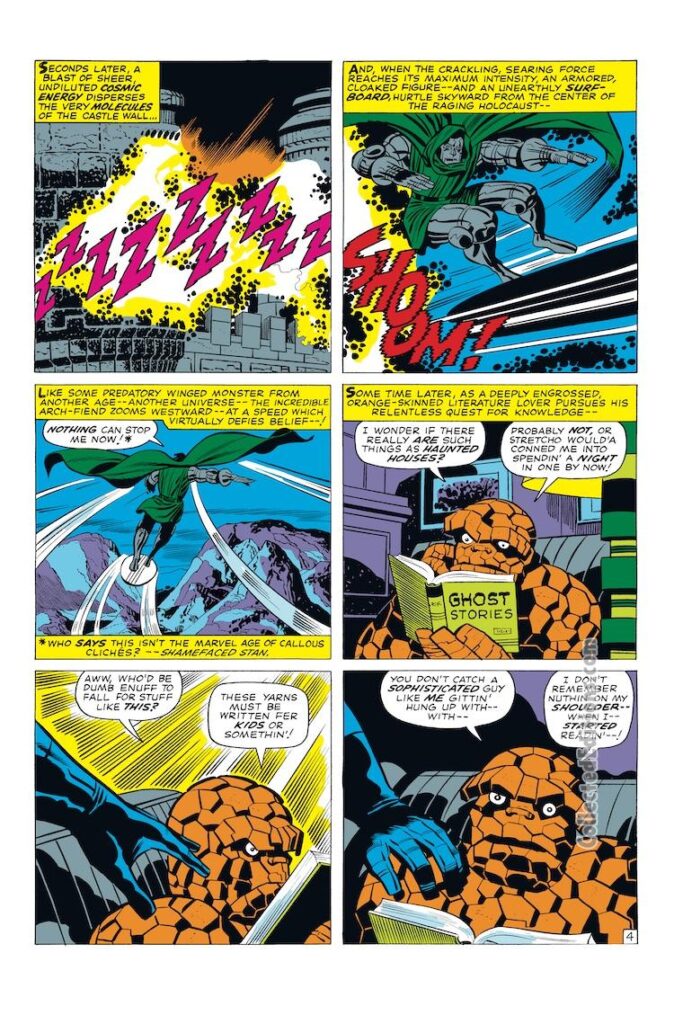 Fantastic Four #58, pg. 4; pencils, Jack Kirby; inks, Joe Sinnott; Marvel Omnibus, Ben Grimm/The Thing, Doctor Doom surfboard